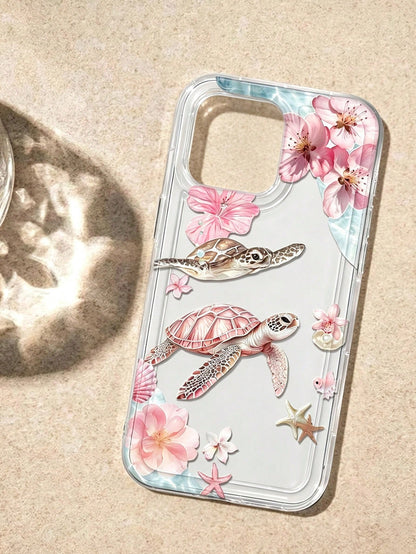 Pink Cherry Blossom Turtle Ocean Print Transparent Shockproof Phone Case, Gentle Summer Vacation Vibe, Compatible With Apple 17/17 Pro/17 Pro Max/16/16 Pro/16 Plus/16 Pro Max/15/15 Pro/15 Plus/14/14 P