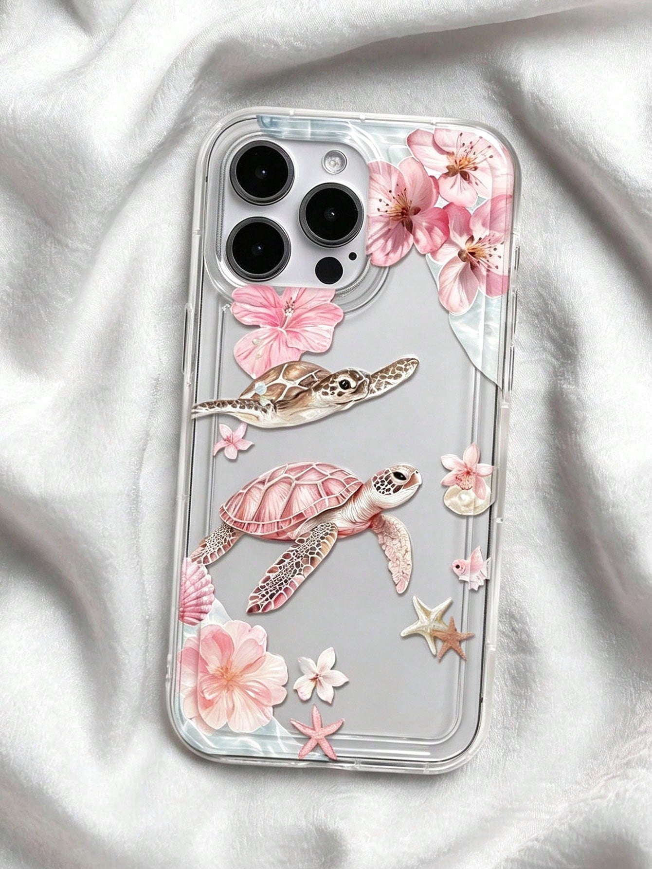 Pink Cherry Blossom Turtle Ocean Print Transparent Shockproof Phone Case, Gentle Summer Vacation Vibe, Compatible With Apple 17/17 Pro/17 Pro Max/16/16 Pro/16 Plus/16 Pro Max/15/15 Pro/15 Plus/14/14 P