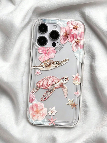 Pink Cherry Blossom Turtle Ocean Print Transparent Shockproof Phone Case, Gentle Summer Vacation Vibe, Compatible With Apple 17/17 Pro/17 Pro Max/16/16 Pro/16 Plus/16 Pro Max/15/15 Pro/15 Plus/14/14 P