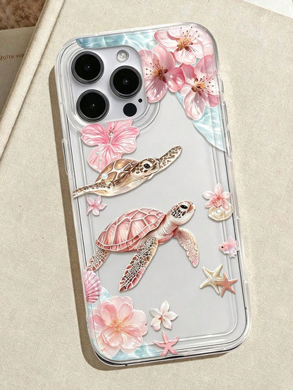 Pink Cherry Blossom Turtle Ocean Print Transparent Shockproof Phone Case, Gentle Summer Vacation Vibe, Compatible With Apple 17/17 Pro/17 Pro Max/16/16 Pro/16 Plus/16 Pro Max/15/15 Pro/15 Plus/14/14 P
