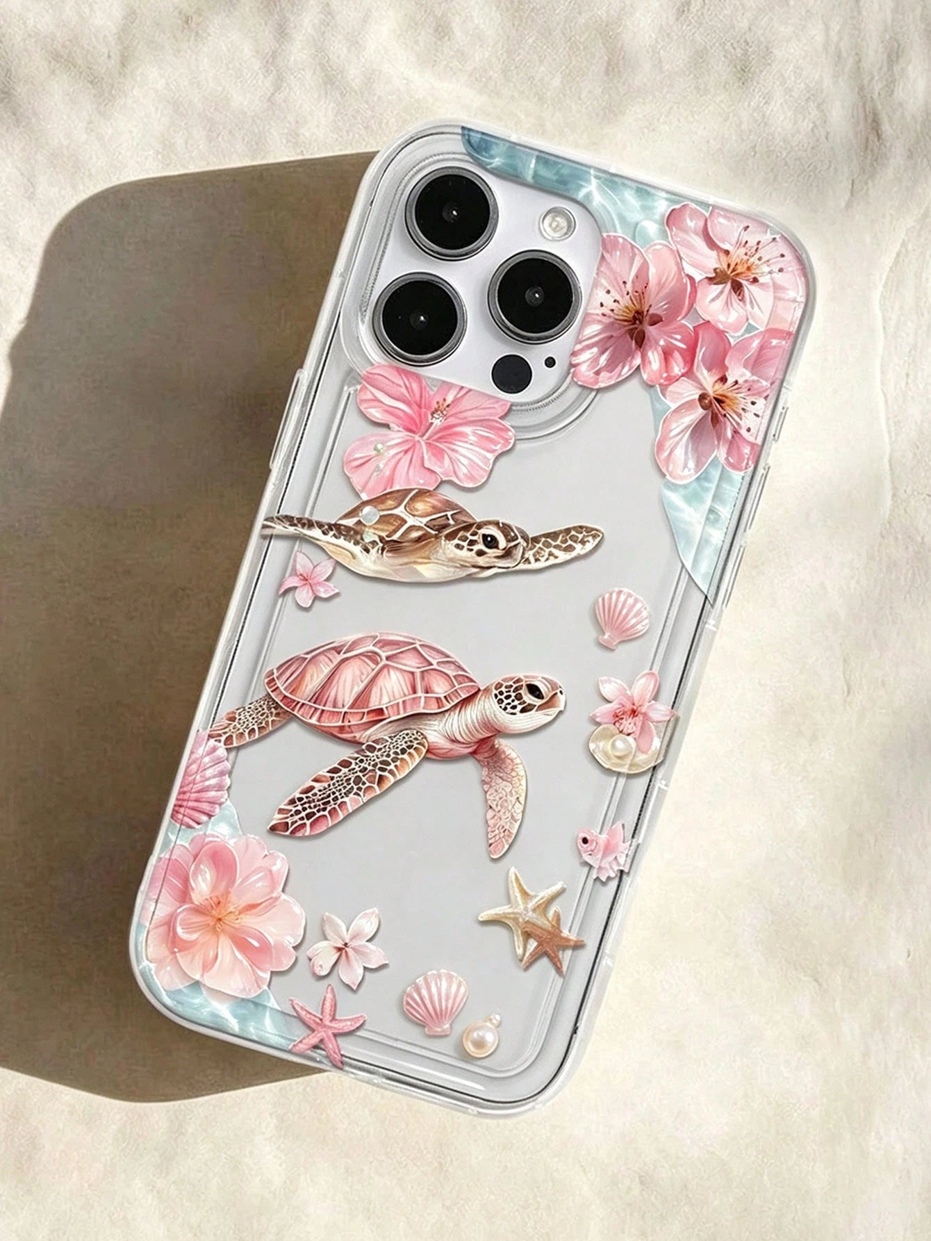 Pink Cherry Blossom Turtle Ocean Print Transparent Shockproof Phone Case, Gentle Summer Vacation Vibe, Compatible With Apple 17/17 Pro/17 Pro Max/16/16 Pro/16 Plus/16 Pro Max/15/15 Pro/15 Plus/14/14 P