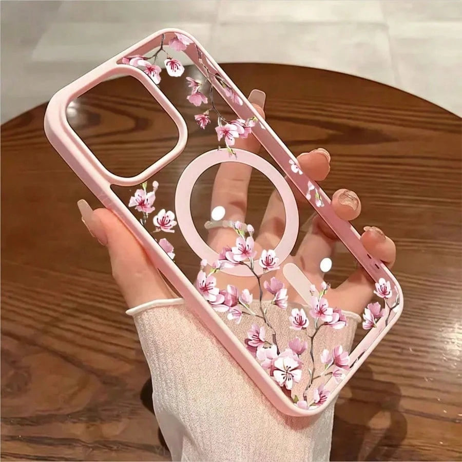 Pink Cherry Blossoms Elegant Floral Background Element Design Pink Magnetic Phone Case For IPhone 16/15/14/13/12/11/X/XS- Slim TPU Protective Cover, Anti-Slip & Scratch Resistant| Perfect Birthday P