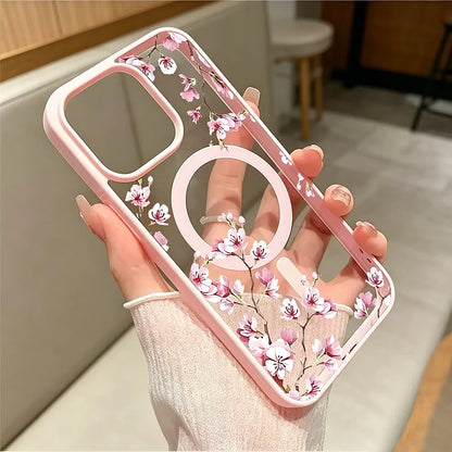 Pink Cherry Blossoms Elegant Floral Background Element Design Pink Magnetic Phone Case For IPhone 16/15/14/13/12/11/X/XS- Slim TPU Protective Cover, Anti-Slip & Scratch Resistant| Perfect Birthday P