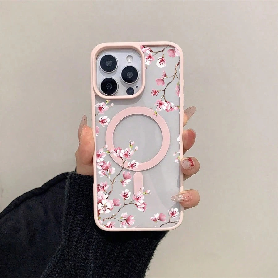 Pink Cherry Blossoms Elegant Floral Background Element Design Pink Magnetic Phone Case For IPhone 16/15/14/13/12/11/X/XS- Slim TPU Protective Cover, Anti-Slip & Scratch Resistant| Perfect Birthday P