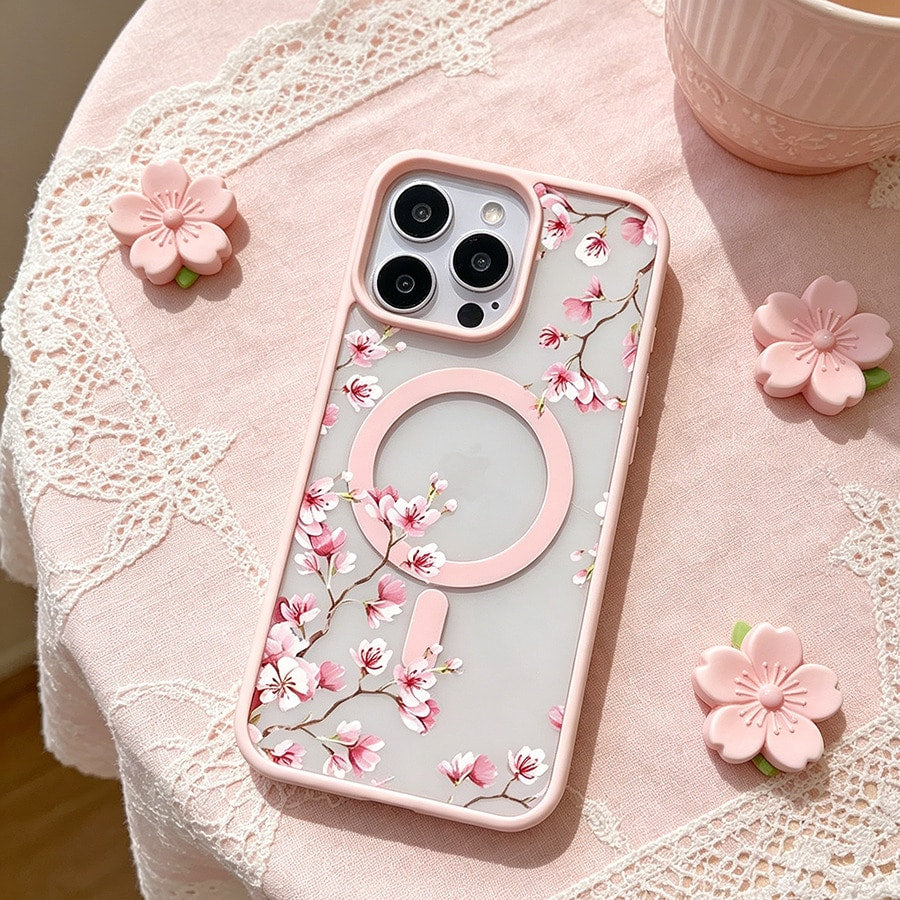 Pink Cherry Blossoms Elegant Floral Background Element Design Pink Magnetic Phone Case For IPhone 16/15/14/13/12/11/X/XS- Slim TPU Protective Cover, Anti-Slip & Scratch Resistant| Perfect Birthday P