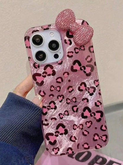 Pink Fashion 3D Rhinestone Bow Leopard Print Phone Case, Compatible With Iphone 17/16/15/14/13/12 Pro Max/11, Fashionable Shock-Resistant Back Cover Birthday Gift Spring
