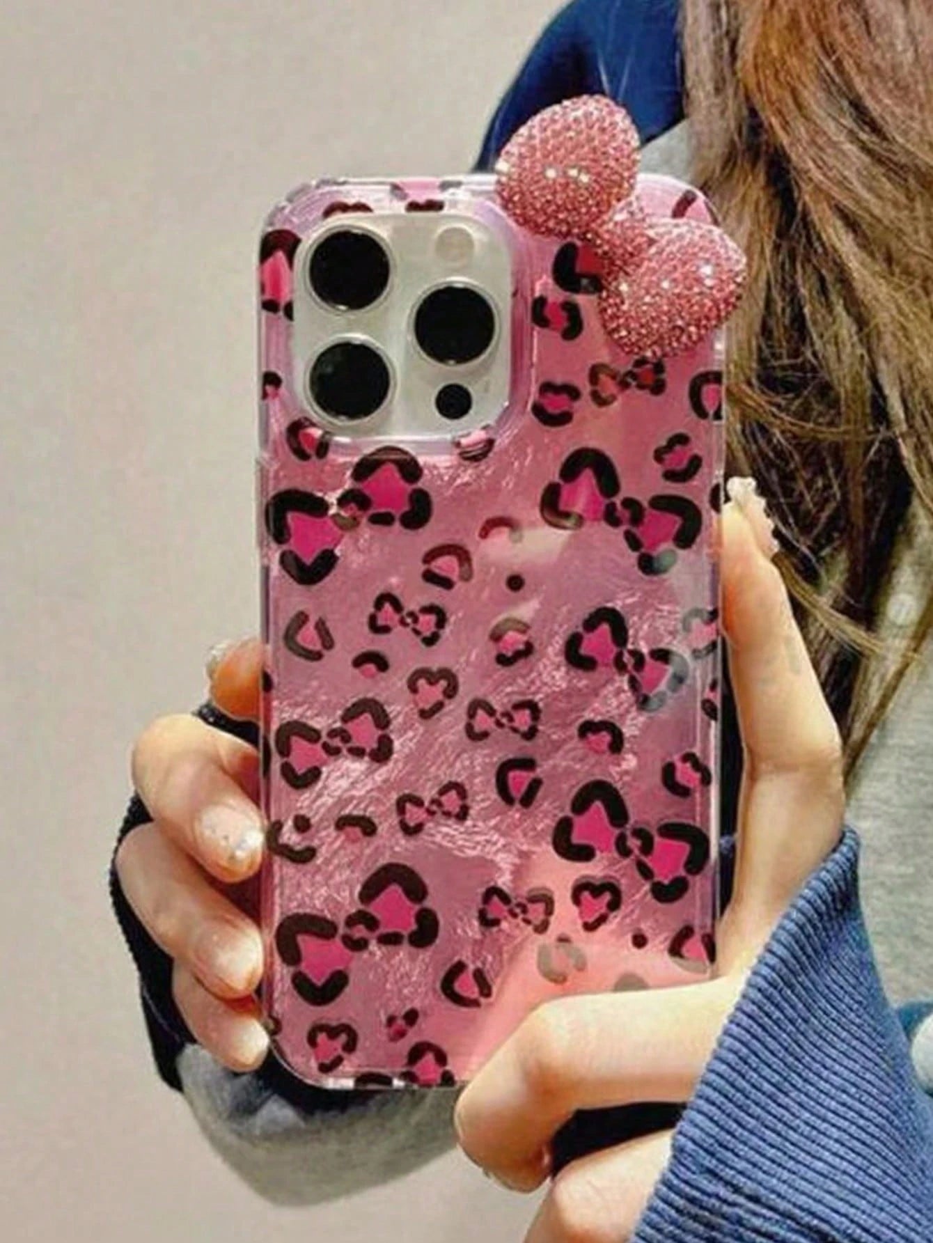 Pink Fashion 3D Rhinestone Bow Leopard Print Phone Case, Compatible With Iphone 17/16/15/14/13/12 Pro Max/11, Fashionable Shock-Resistant Back Cover Birthday Gift Spring
