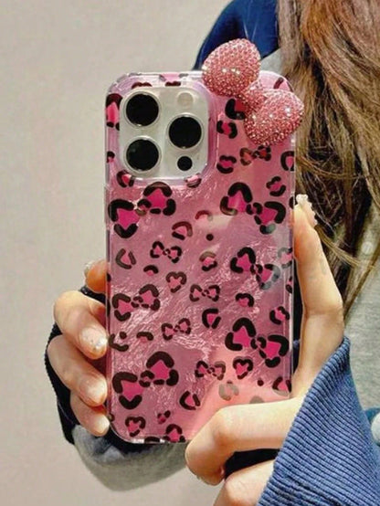 Pink Fashion 3D Rhinestone Bow Leopard Print Phone Case, Compatible With Iphone 17/16/15/14/13/12 Pro Max/11, Fashionable Shock-Resistant Back Cover Birthday Gift Spring