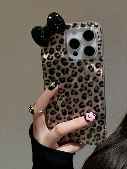 Pink Fashion 3D Rhinestone Bow Leopard Print Phone Case, Compatible With Iphone 17/16/15/14/13/12 Pro Max/11, Fashionable Shock-Resistant Back Cover Birthday Gift Spring