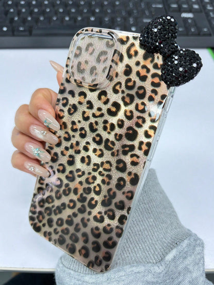 Pink Fashion 3D Rhinestone Bow Leopard Print Phone Case, Compatible With Iphone 17/16/15/14/13/12 Pro Max/11, Fashionable Shock-Resistant Back Cover Birthday Gift Spring