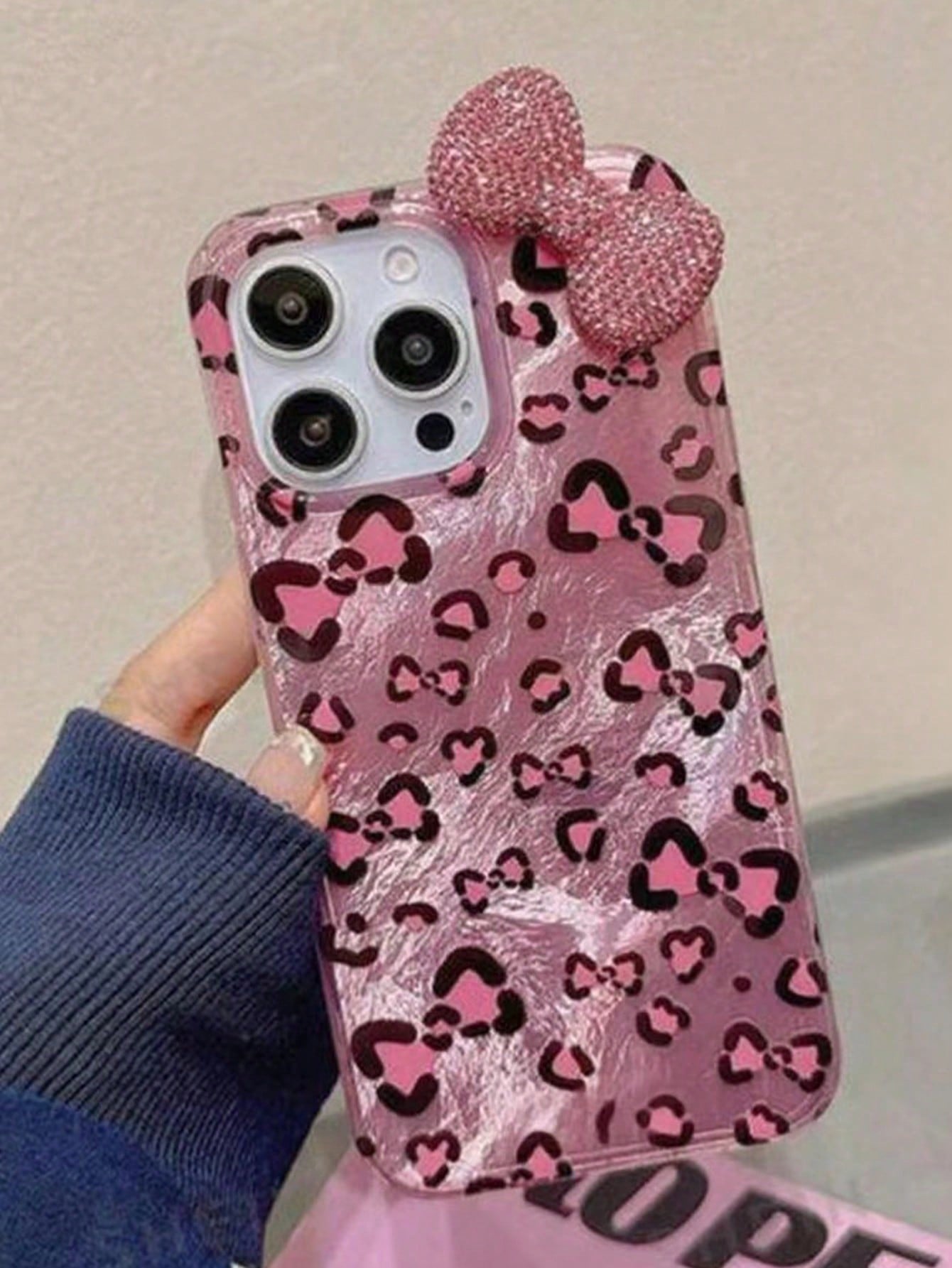 Pink Fashion 3D Rhinestone Bow Leopard Print Phone Case, Compatible With Iphone 17/16/15/14/13/12 Pro Max/11, Fashionable Shock-Resistant Back Cover Birthday Gift Spring