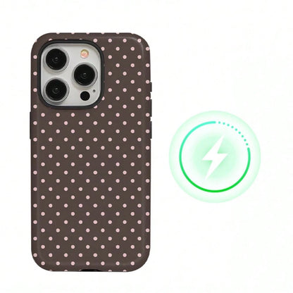 Pink Polka Dot Design Magnetic Brown Phone Case For IPhone 17 ProMax/17 Pro/17E/17Air/16 ProMax/15 Plus/14/13/12 Case, Summer Color Phone Case, Shockproof Slim TPU And Hard PC Protective Phone Cover C