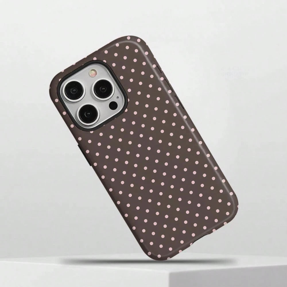 Pink Polka Dot Design Magnetic Brown Phone Case For IPhone 17 ProMax/17 Pro/17E/17Air/16 ProMax/15 Plus/14/13/12 Case, Summer Color Phone Case, Shockproof Slim TPU And Hard PC Protective Phone Cover C