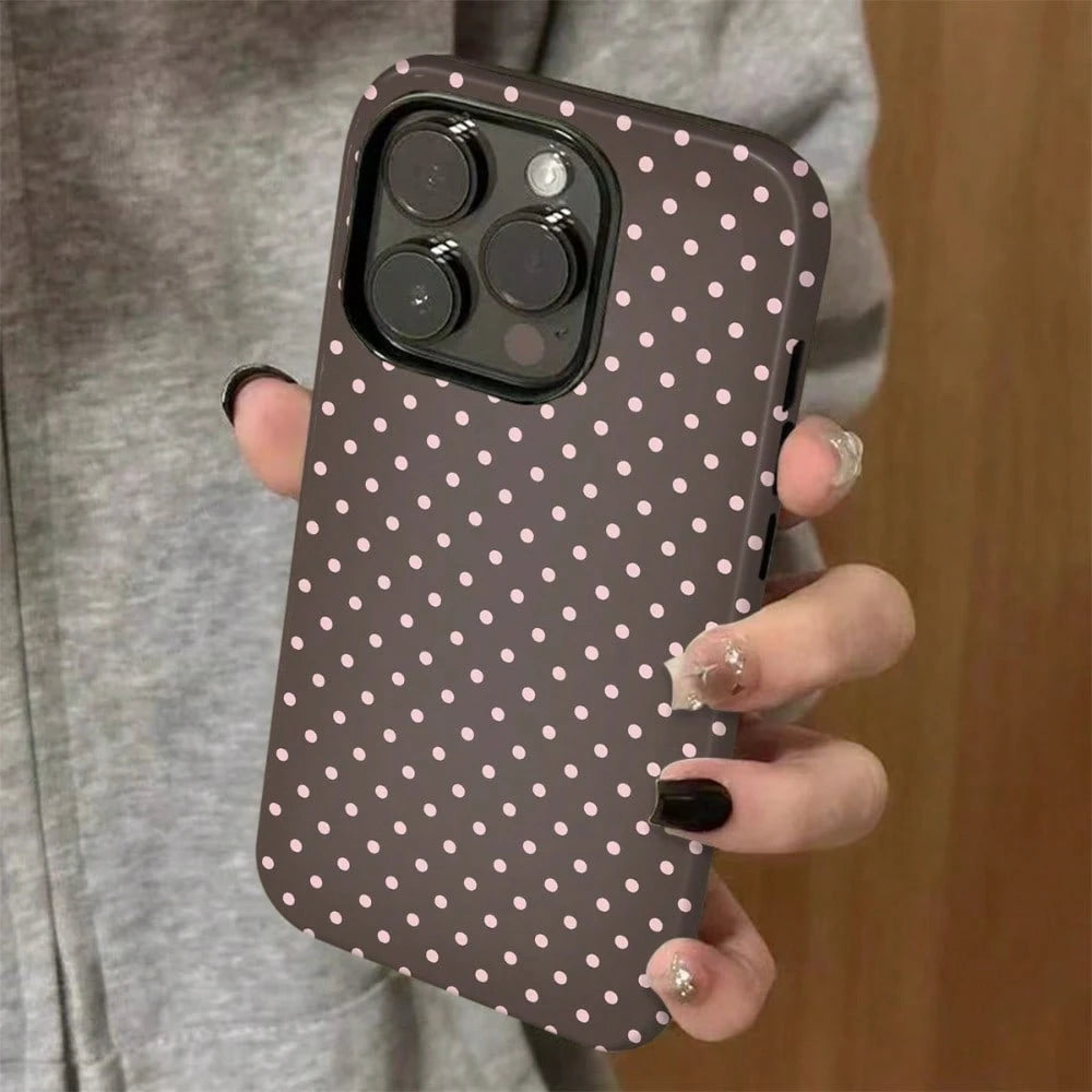 Pink Polka Dot Design Magnetic Brown Phone Case For IPhone 17 ProMax/17 Pro/17E/17Air/16 ProMax/15 Plus/14/13/12 Case, Summer Color Phone Case, Shockproof Slim TPU And Hard PC Protective Phone Cover C