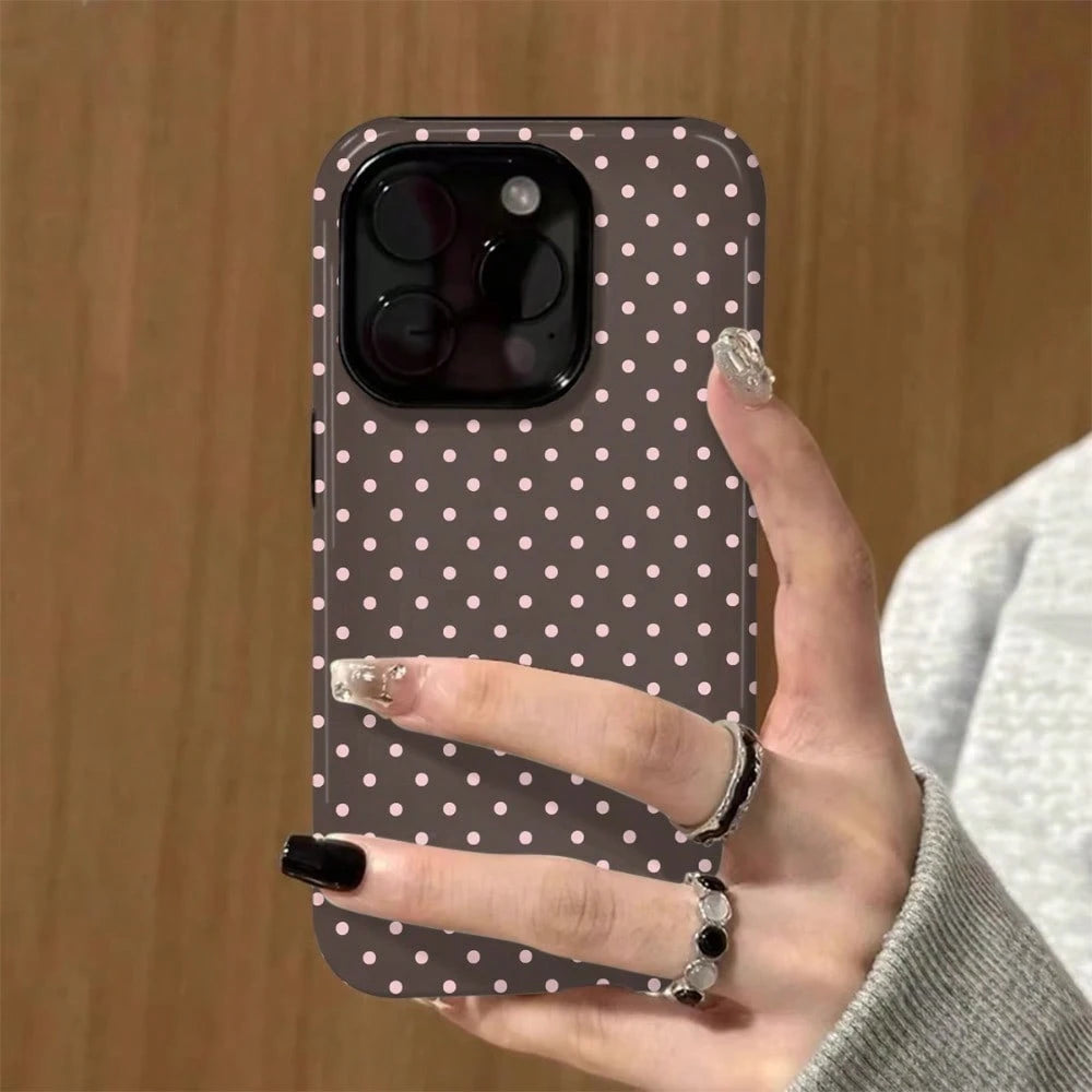 Pink Polka Dot Design Magnetic Brown Phone Case For IPhone 17 ProMax/17 Pro/17E/17Air/16 ProMax/15 Plus/14/13/12 Case, Summer Color Phone Case, Shockproof Slim TPU And Hard PC Protective Phone Cover C