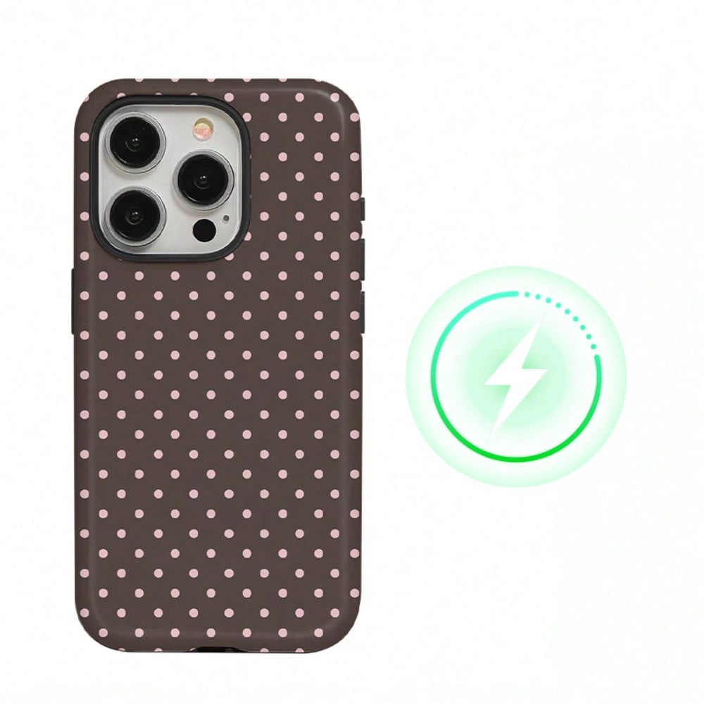 Pink Polka Dot Design Magnetic Brown Phone Case For IPhone 17 ProMax/17 Pro/17E/17Air/16 ProMax/15 Plus/14/13/12 Case, Summer Color Phone Case, Shockproof Slim TPU And Hard PC Protective Phone Cover C