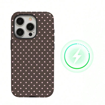 Pink Polka Dot Design Magnetic Brown Phone Case For IPhone 17 ProMax/17 Pro/17E/17Air/16 ProMax/15 Plus/14/13/12 Case, Summer Color Phone Case, Shockproof Slim TPU And Hard PC Protective Phone Cover C