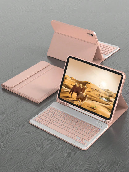 Pink Solid Color Material Flip Pad Cases With Keyboard Wireless Bluetooth Keyboard Case Compatible With IPad, Auto Sleep/Wake, Detachable Keyboard, 150mAh Battery, Slim Lightweight Stand With Pencil H