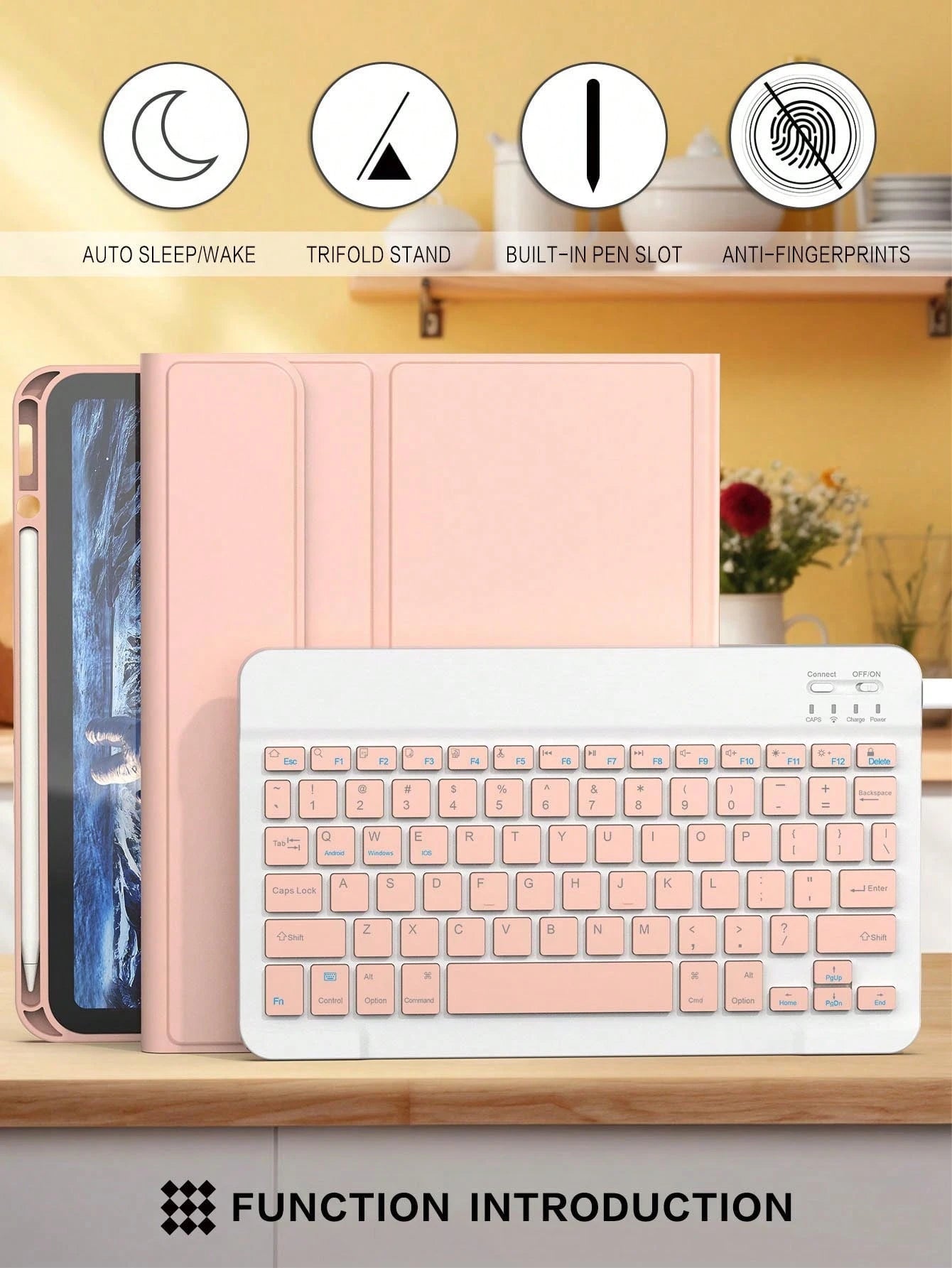 Pink Solid Color Material Flip Pad Cases With Keyboard Wireless Bluetooth Keyboard Case Compatible With IPad, Auto Sleep/Wake, Detachable Keyboard, 150mAh Battery, Slim Lightweight Stand With Pencil H