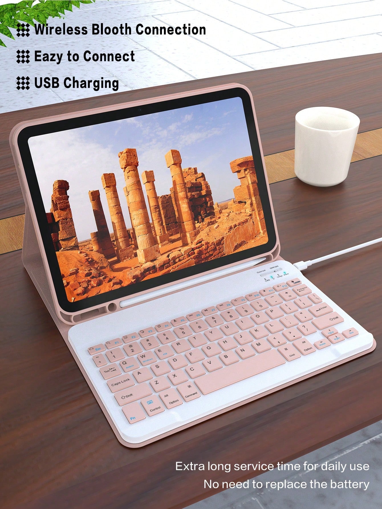 Pink Solid Color Material Flip Pad Cases With Keyboard Wireless Bluetooth Keyboard Case Compatible With IPad, Auto Sleep/Wake, Detachable Keyboard, 150mAh Battery, Slim Lightweight Stand With Pencil H