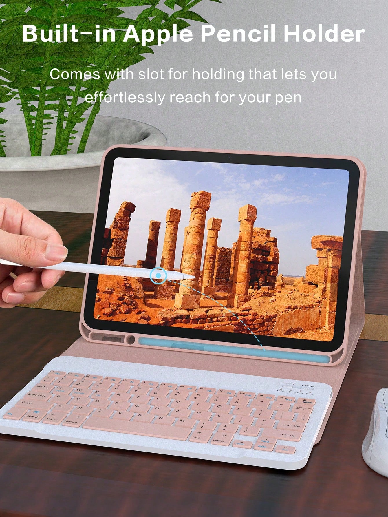 Pink Solid Color Material Flip Pad Cases With Keyboard Wireless Bluetooth Keyboard Case Compatible With IPad, Auto Sleep/Wake, Detachable Keyboard, 150mAh Battery, Slim Lightweight Stand With Pencil H