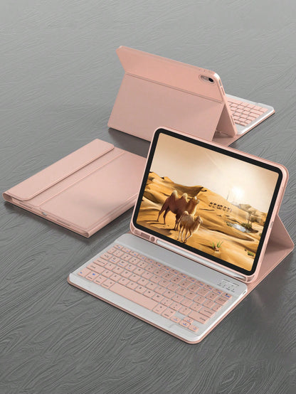 Pink Solid Color Material Flip Pad Cases With Keyboard Wireless Bluetooth Keyboard Case Compatible With IPad, Auto Sleep/Wake, Detachable Keyboard, 150mAh Battery, Slim Lightweight Stand With Pencil H