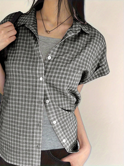 Plaid Print Button Front Shirt, Women Casual Short Sleeve Blouse For Spring And Summer Black