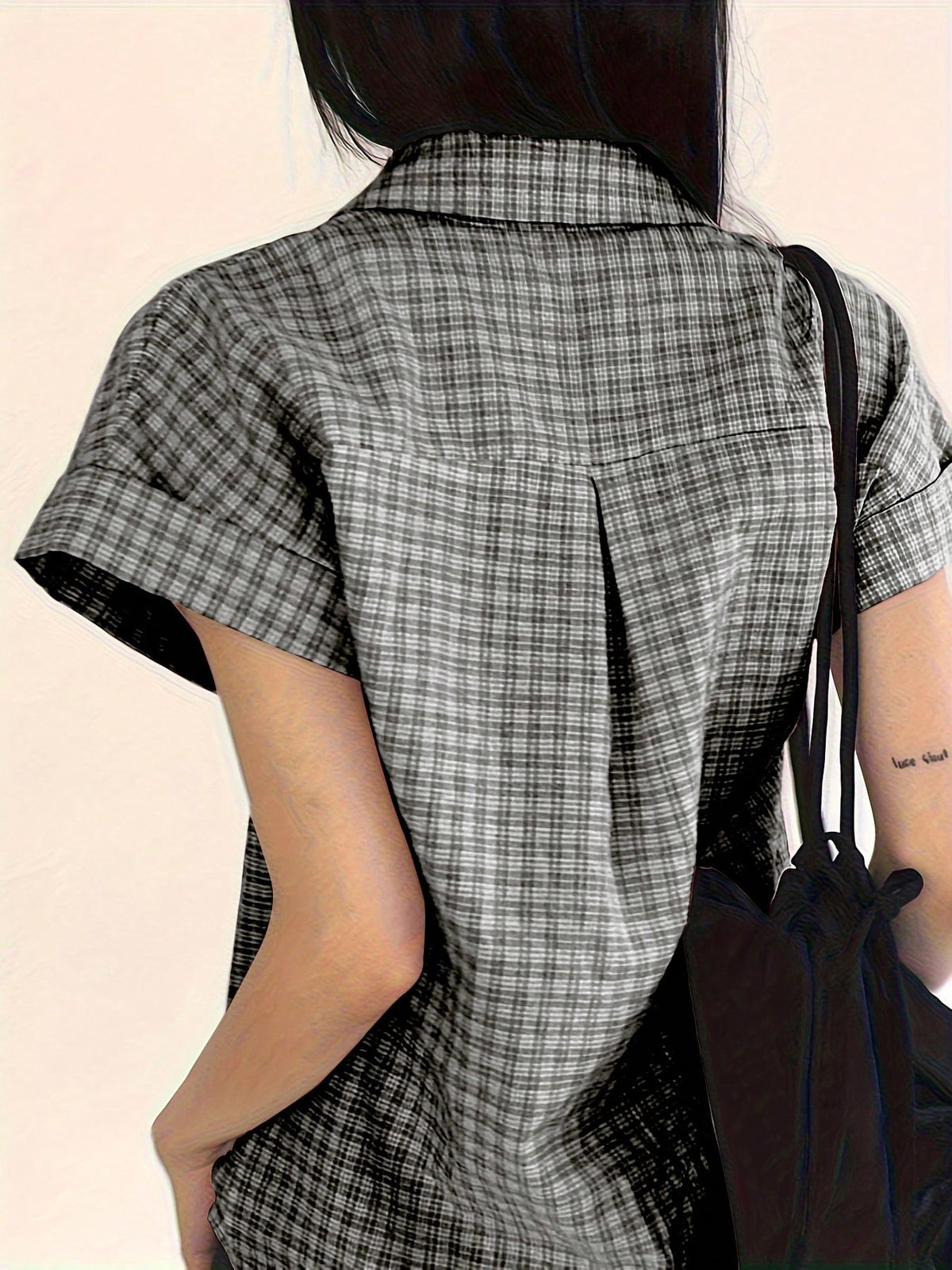 Plaid Print Button Front Shirt, Women Casual Short Sleeve Blouse For Spring And Summer Black