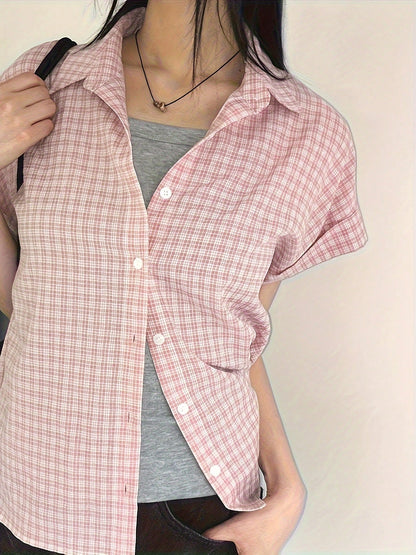 Plaid Print Button Front Shirt, Women Casual Short Sleeve Blouse For Spring And Summer Black