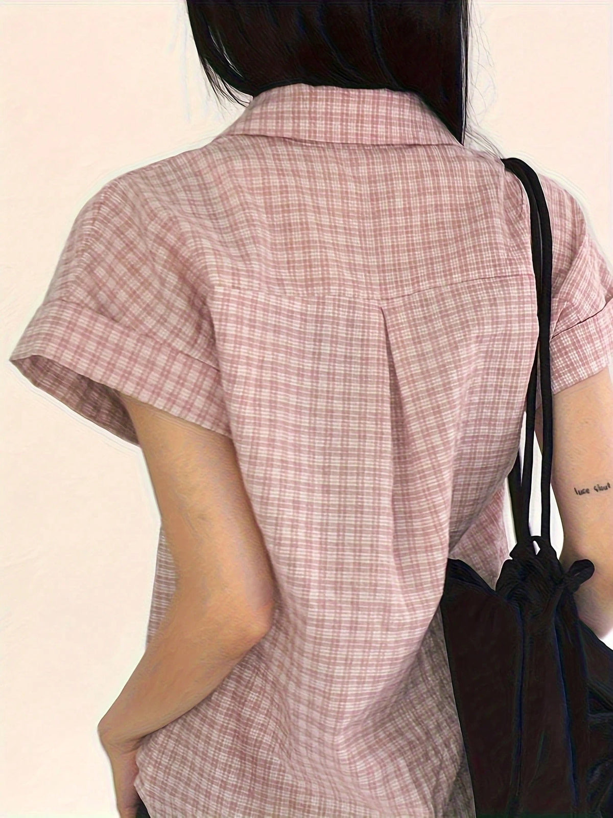 Plaid Print Button Front Shirt, Women Casual Short Sleeve Blouse For Spring And Summer Black