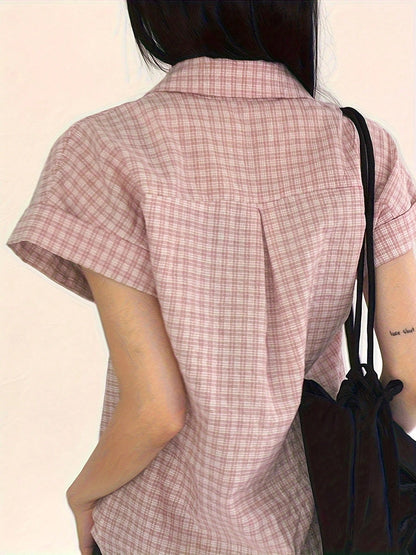 Plaid Print Button Front Shirt, Women Casual Short Sleeve Blouse For Spring And Summer Black