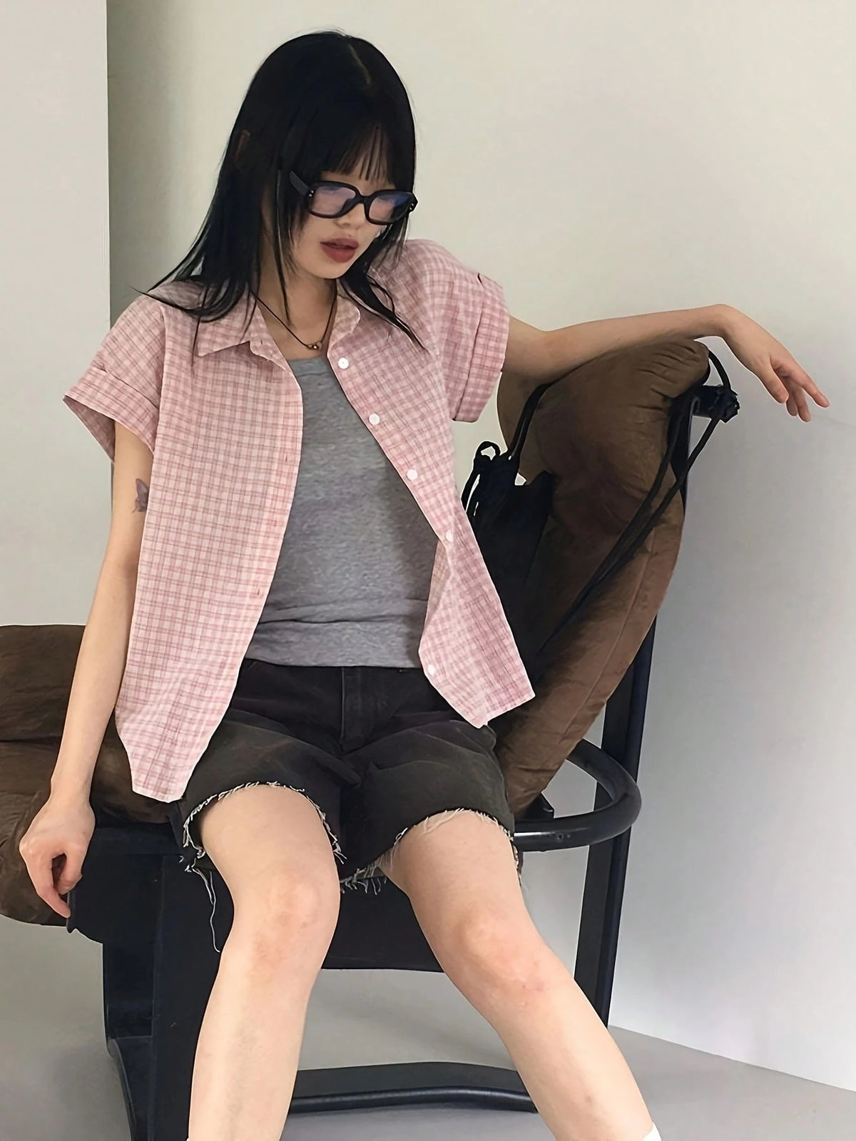 Plaid Print Button Front Shirt, Women Casual Short Sleeve Blouse For Spring And Summer Black