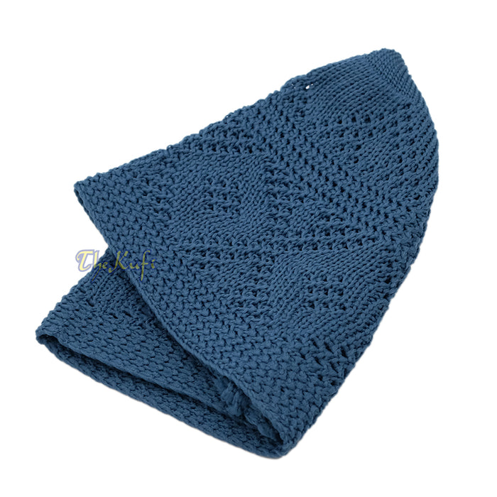 Plain Indigo Blue Diamond Open Weave Design Stretchable 100% Nylon Interwoven Kufi Cap