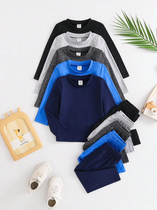 Playful Pals 10Set Baby Boys' Solid Color Casual Tops And Pants Outfits, Versatile Fashion, Suitable For Spring And Autumn