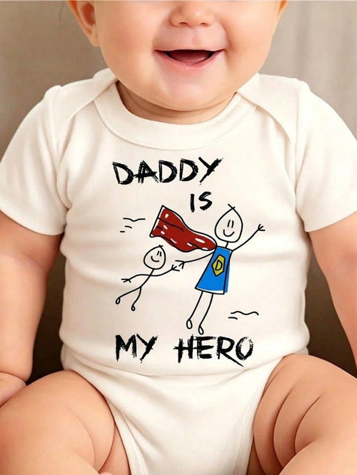 Playful Pals 1pc Baby Boy Cartoon Cute Slogan "DADDY IS MY HERO" Letter Print Short Sleeve Bodysuit, Unisex Soft Comfortable Daily Tank Top Bodysuit Father's Day