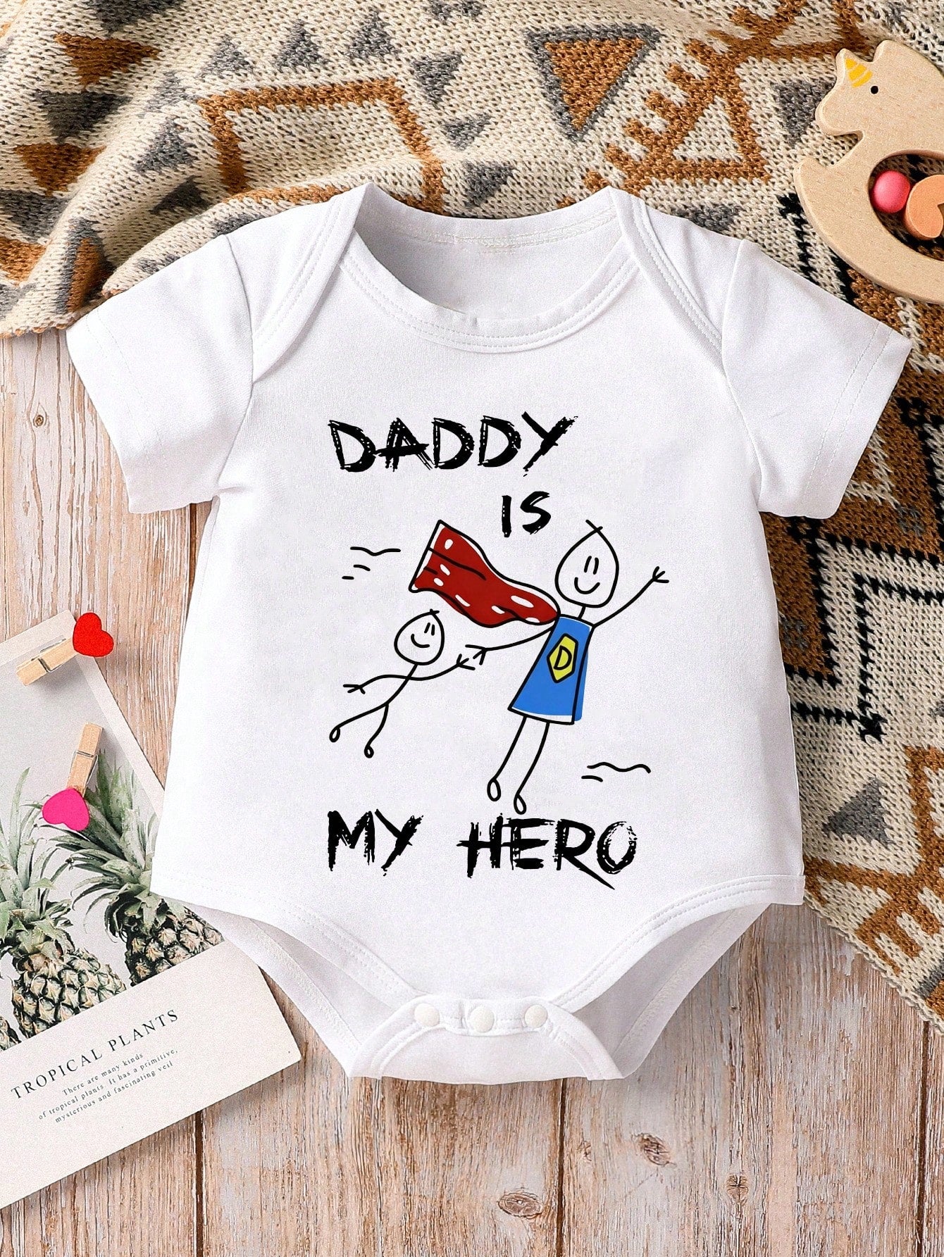 Playful Pals 1pc Baby Boy Cartoon Cute Slogan "DADDY IS MY HERO" Letter Print Short Sleeve Bodysuit, Unisex Soft Comfortable Daily Tank Top Bodysuit Father's Day