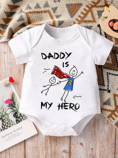 Playful Pals 1pc Baby Boy Cartoon Cute Slogan "DADDY IS MY HERO" Letter Print Short Sleeve Bodysuit, Unisex Soft Comfortable Daily Tank Top Bodysuit Father's Day