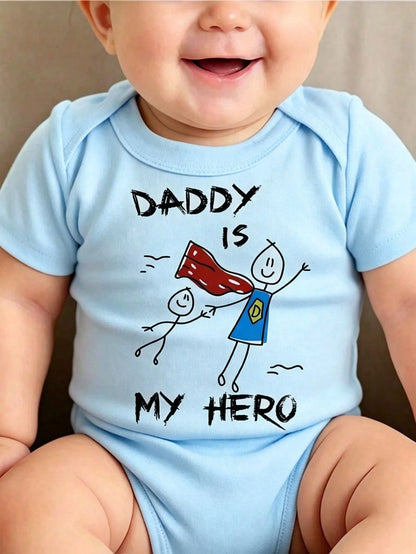 Playful Pals 1pc Baby Boy Cartoon Cute Slogan "DADDY IS MY HERO" Letter Print Short Sleeve Bodysuit, Unisex Soft Comfortable Daily Tank Top Bodysuit Father's Day