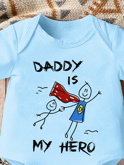 Playful Pals 1pc Baby Boy Cartoon Cute Slogan "DADDY IS MY HERO" Letter Print Short Sleeve Bodysuit, Unisex Soft Comfortable Daily Tank Top Bodysuit Father's Day