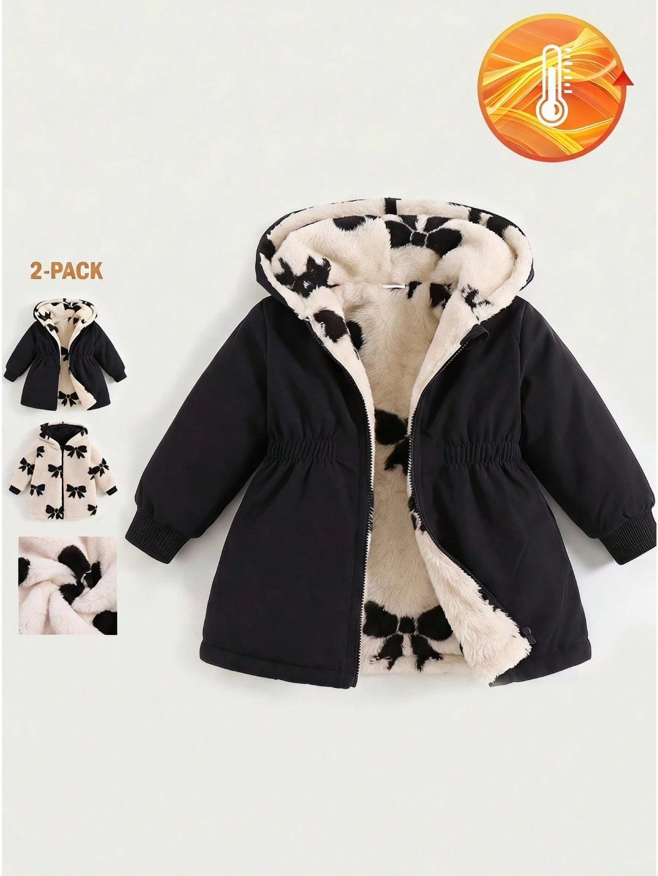 Playful Pals 2 Packs Reversible Baby Girl Autumn/Winter All-Match Versatile Casual Thickened Bowknot Plush Flannel Waist-Cinching Long Coat Warm Jacket