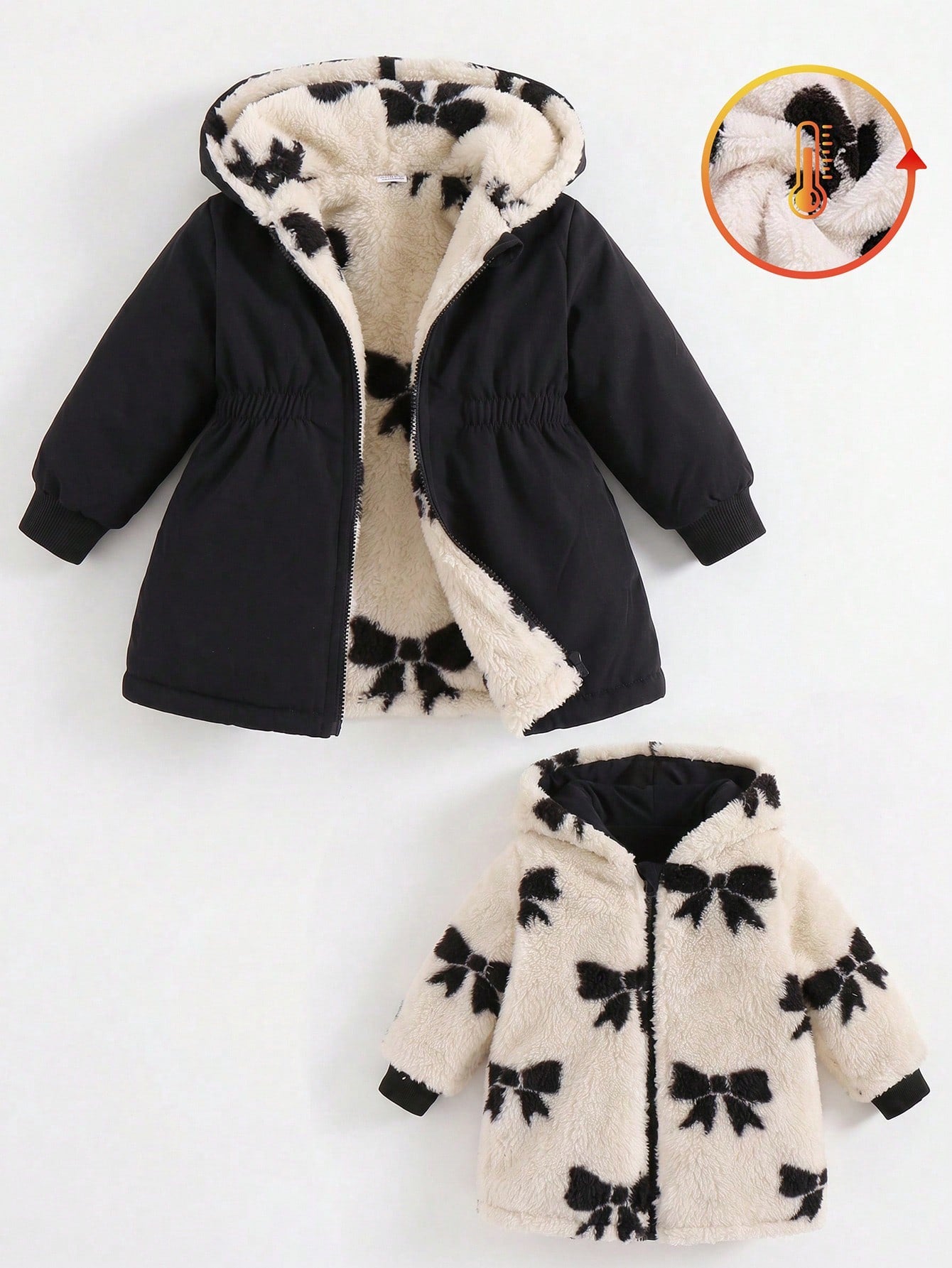 Playful Pals 2 Packs Reversible Baby Girl Autumn/Winter All-Match Versatile Casual Thickened Bowknot Plush Flannel Waist-Cinching Long Coat Warm Jacket