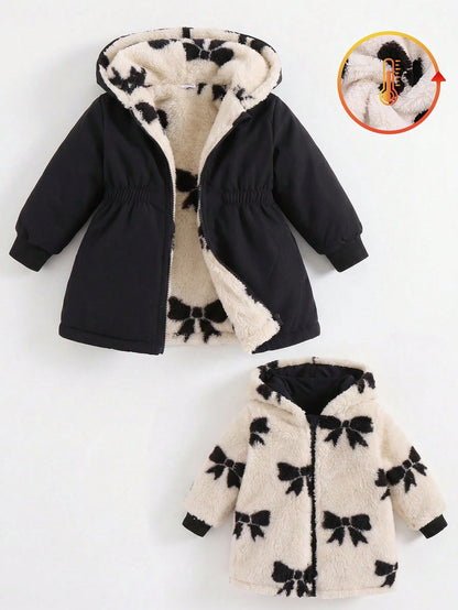 Playful Pals 2 Packs Reversible Baby Girl Autumn/Winter All-Match Versatile Casual Thickened Bowknot Plush Flannel Waist-Cinching Long Coat Warm Jacket