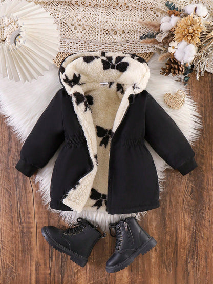 Playful Pals 2 Packs Reversible Baby Girl Autumn/Winter All-Match Versatile Casual Thickened Bowknot Plush Flannel Waist-Cinching Long Coat Warm Jacket
