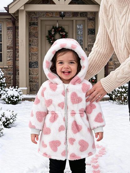 Playful Pals 2 Packs Reversible Baby Girl Toddler Autumn/Winter All-Match Versatile Casual Thickened Heart Plush Flannel Waist-Cinching Long Coat Warm Outerwear