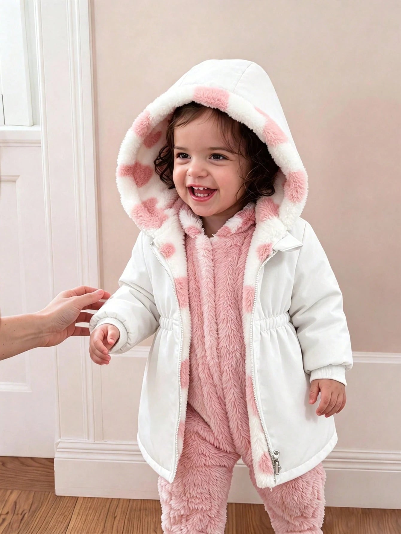 Playful Pals 2 Packs Reversible Baby Girl Toddler Autumn/Winter All-Match Versatile Casual Thickened Heart Plush Flannel Waist-Cinching Long Coat Warm Outerwear