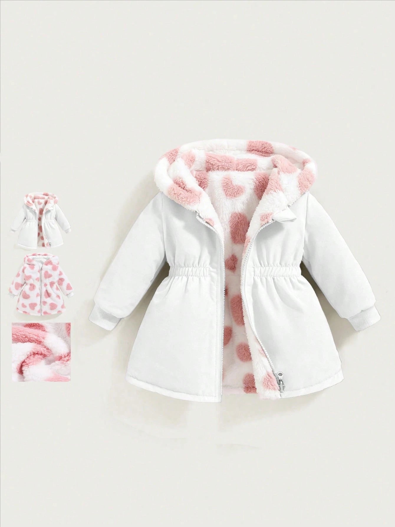 Playful Pals 2 Packs Reversible Baby Girl Toddler Autumn/Winter All-Match Versatile Casual Thickened Heart Plush Flannel Waist-Cinching Long Coat Warm Outerwear