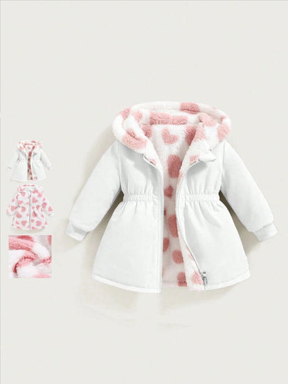 Playful Pals 2 Packs Reversible Baby Girl Toddler Autumn/Winter All-Match Versatile Casual Thickened Heart Plush Flannel Waist-Cinching Long Coat Warm Outerwear