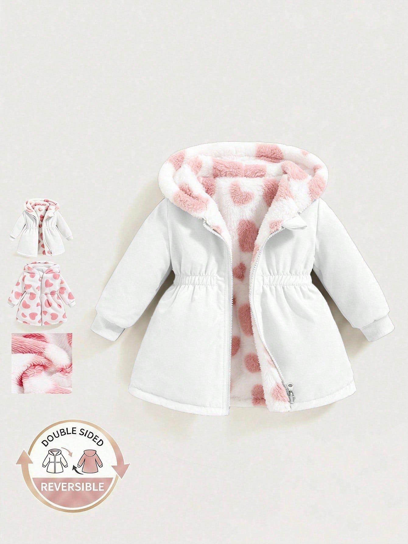 Playful Pals 2 Packs Reversible Baby Girl Toddler Autumn/Winter All-Match Versatile Casual Thickened Heart Plush Flannel Waist-Cinching Long Coat Warm Outerwear