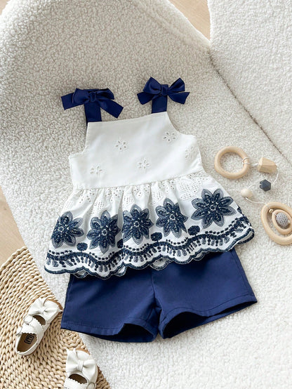 Playful Pals 2 Pacs Baby Girl Toddler/New Born 0-3 Years Old Spring/Summer Casual Daily Cute Vacation Striped Bow Pattern Camisole Top + Shorts Set