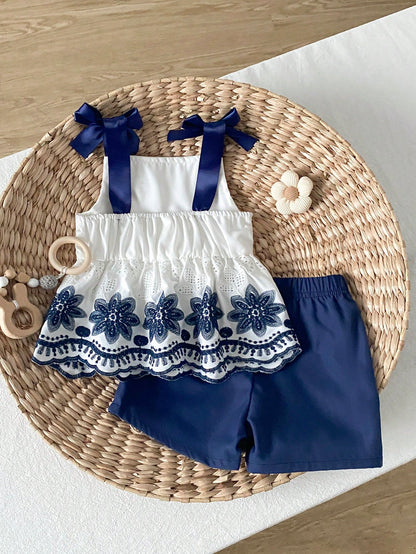 Playful Pals 2 Pacs Baby Girl Toddler/New Born 0-3 Years Old Spring/Summer Casual Daily Cute Vacation Striped Bow Pattern Camisole Top + Shorts Set